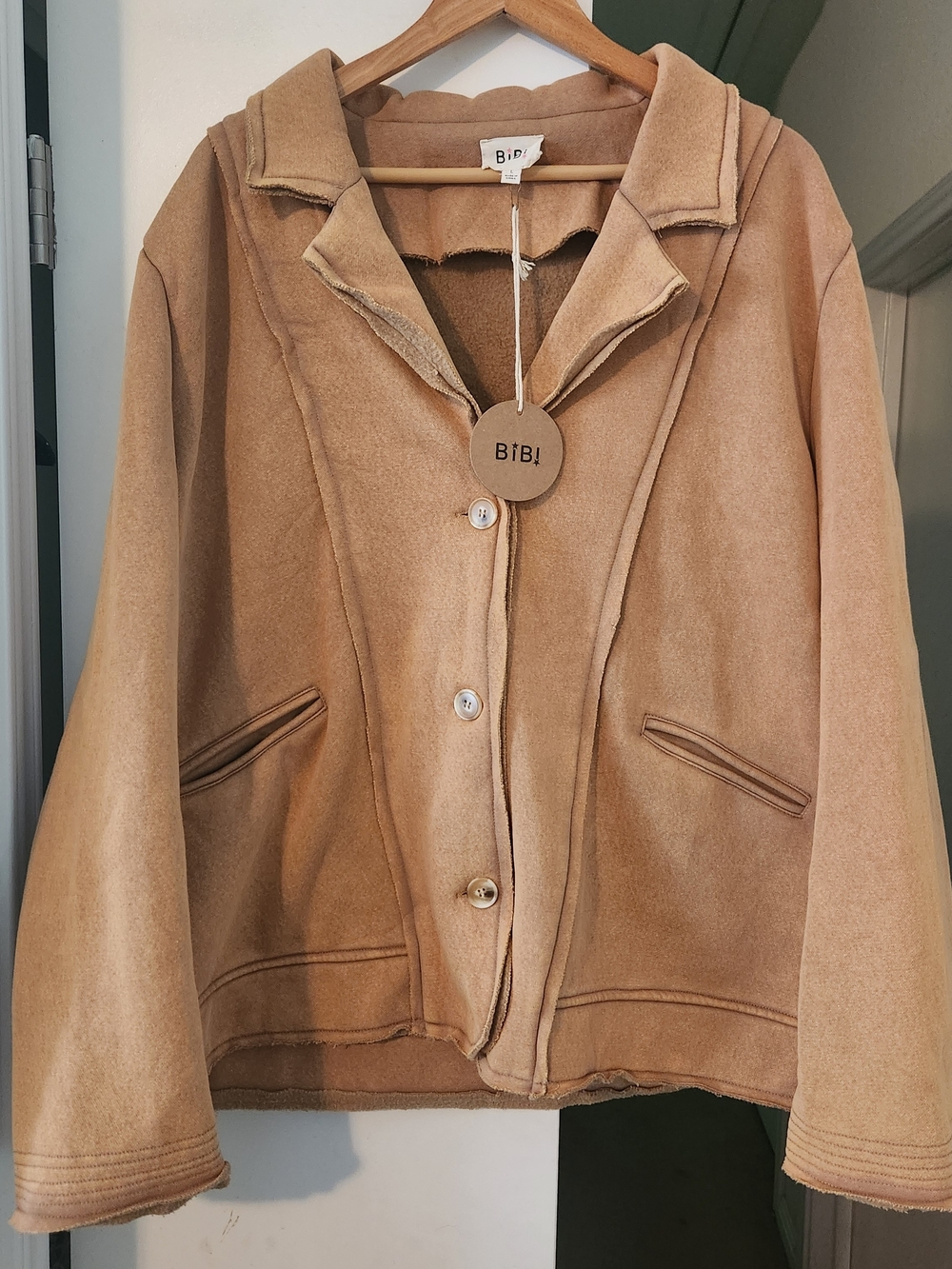 ~NEW~ BiBi Women's Coat Lg Khaki Beige 3-Button Jacket Raw Edge Jersey Knit
